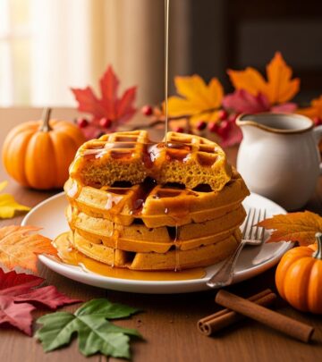 Discover the ultimate fall breakfast: fluffy pumpkin waffles paired with a warm, spiced apple cider syrup for cozy seasonal indulgence.
