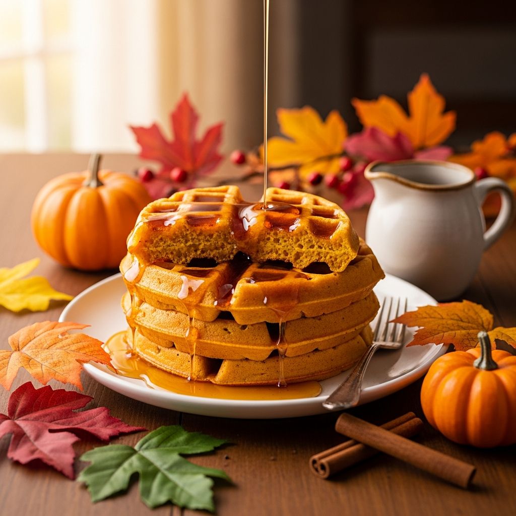 Discover the ultimate fall breakfast: fluffy pumpkin waffles paired with a warm, spiced apple cider syrup for cozy seasonal indulgence.