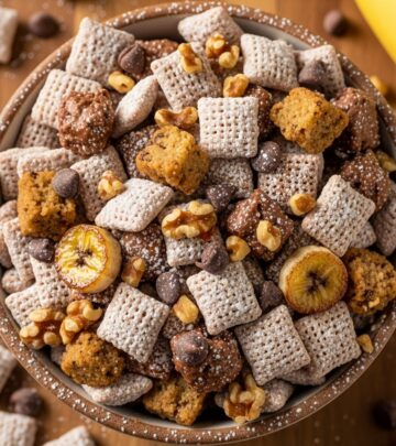 Transform classic muddy buddies into a banana bread-inspired treat with warm flavors and crunchy texture for irresistible snacking.