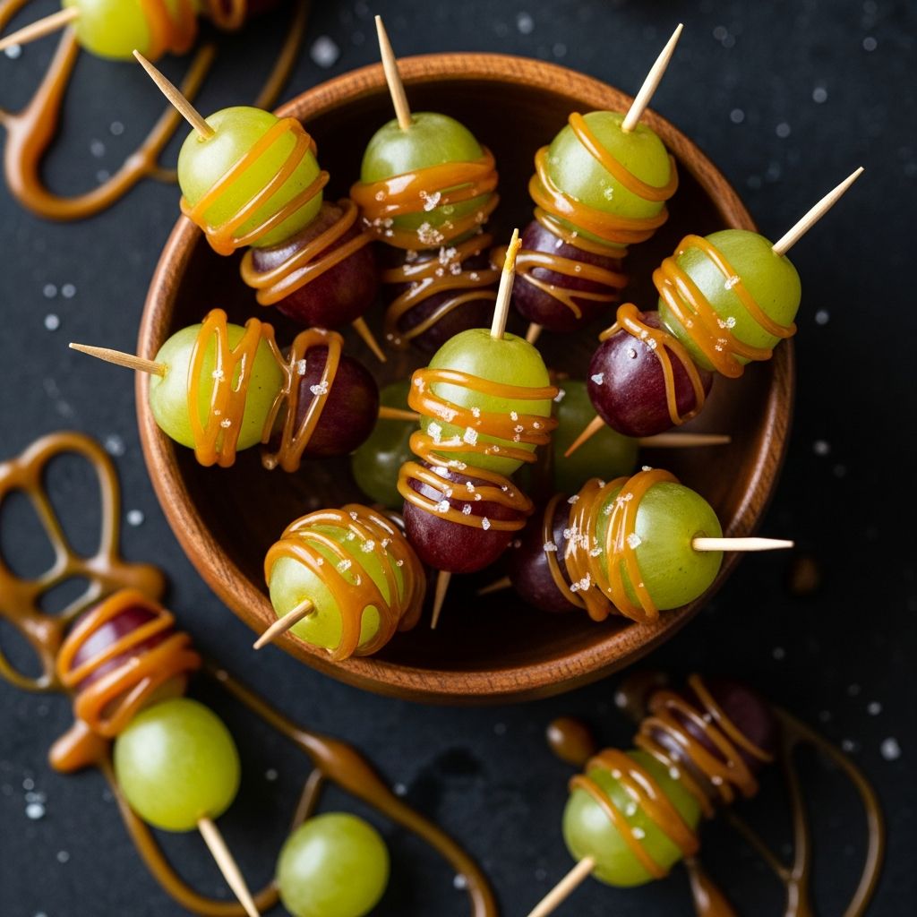 Caramel Grape Bites: 20-Minute Party Snack With Nuts Transform ordinary grapes into irresistible bite-sized treats with caramel and nuts for a fun twist on classic fall flavors.