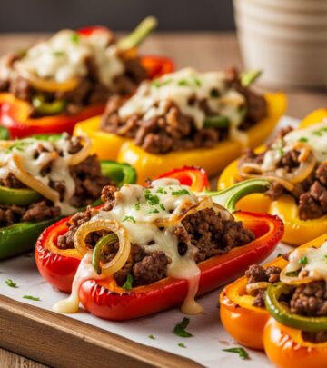 Transform classic Philly cheesesteak into a low-carb delight by stuffing tender bell peppers with savory beef, melted cheese, and veggies for a guilt-free meal.