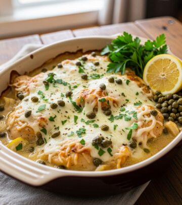 Transform classic chicken piccata into an easy, creamy casserole perfect for family dinners with zesty lemon, capers, and tender chicken.