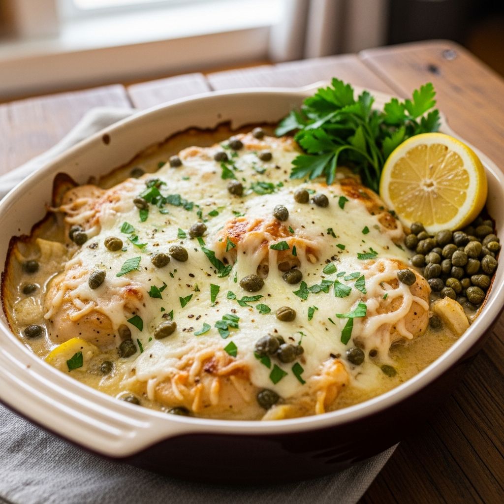 Transform classic chicken piccata into an easy, creamy casserole perfect for family dinners with zesty lemon, capers, and tender chicken.