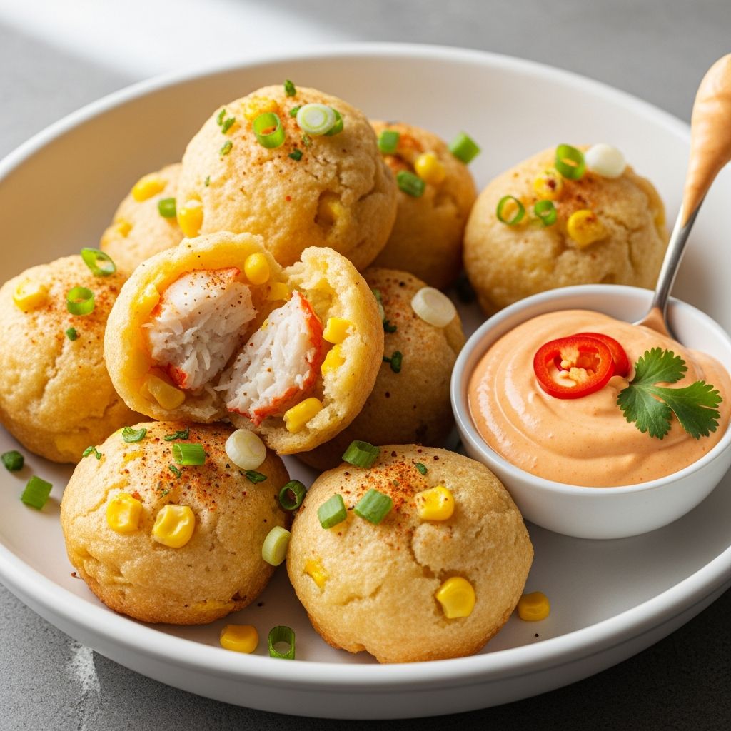 Discover the ultimate fusion of crispy fried beignets stuffed with sweet corn and tender crab, paired with a bold homemade spicy aioli for an unforgettable appetizer.