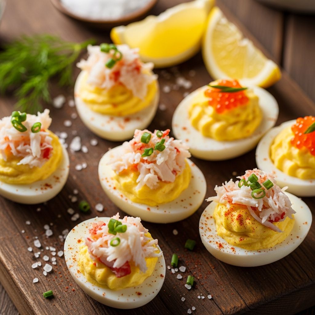 Elevate classic deviled eggs with succulent crab for an irresistible appetizer that wows at any gathering.