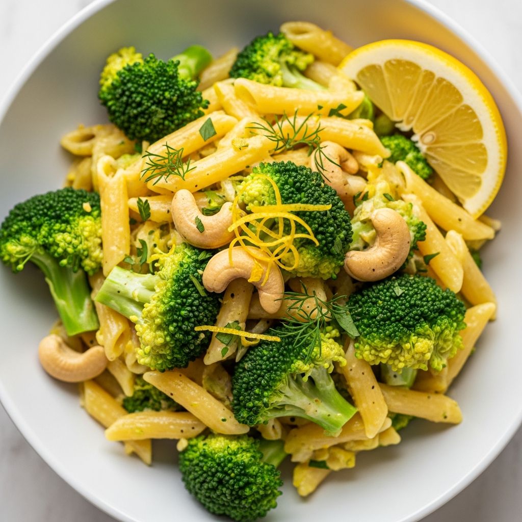 Discover a vibrant vegan pasta dish blending tender broccoli, zesty lemon, and silky cashew cream for a quick, nourishing meal ready in under 30 minutes.