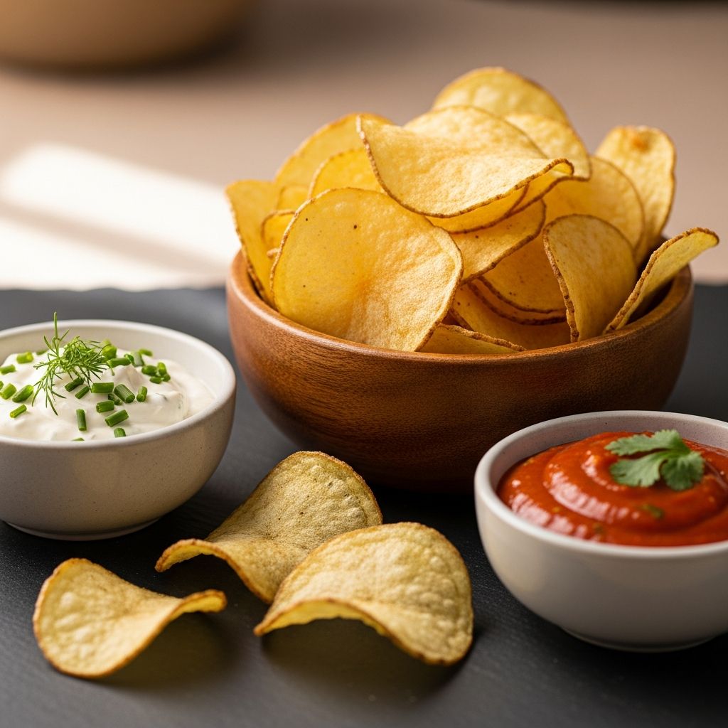 Air Fryer Potato Chips: 7-Step Crispy Recipe With 3 Dips Master golden, crunchy potato slices in your air fryer paired with creamy homemade dipping sauces for the ultimate snack.