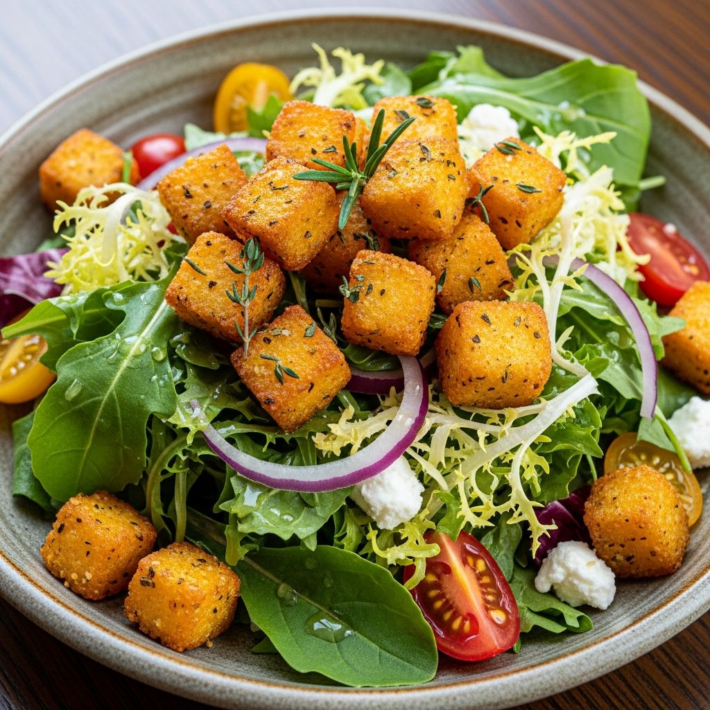 Transform everyday pantry staples into a hearty salad topped with golden, crunchy polenta croutons for a satisfying vegetarian meal.