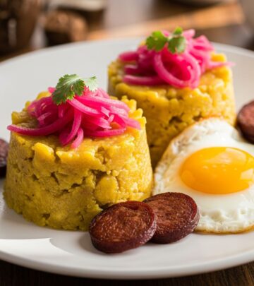 Discover the comforting flavors of Dominican Mangú, a creamy mashed plantain dish topped with eggs, onions, and more for an authentic breakfast experience.