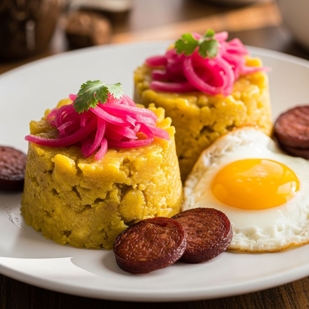 Discover the comforting flavors of Dominican Mangú, a creamy mashed plantain dish topped with eggs, onions, and more for an authentic breakfast experience.