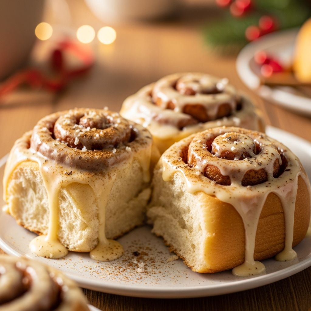Transform holiday eggnog into irresistible, soft cinnamon rolls with spiced filling and creamy frosting for the ultimate seasonal treat.