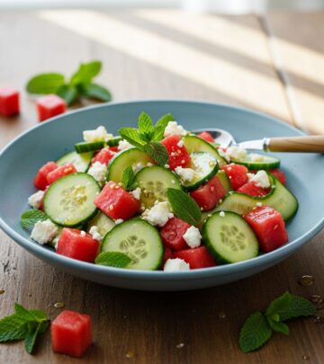 A light, refreshing summer salad combining juicy watermelon with crisp cucumbers