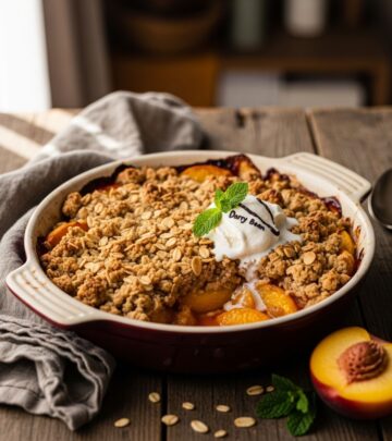 Savor summer's sweetest peaches in a crunchy, guilt-free crumble that's naturally gluten-free and bursting with fresh flavor.