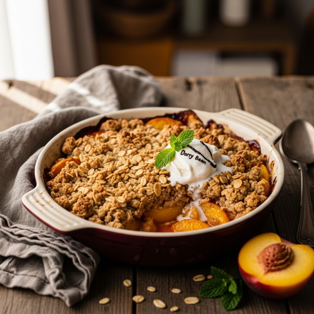 Savor summer's sweetest peaches in a crunchy, guilt-free crumble that's naturally gluten-free and bursting with fresh flavor.