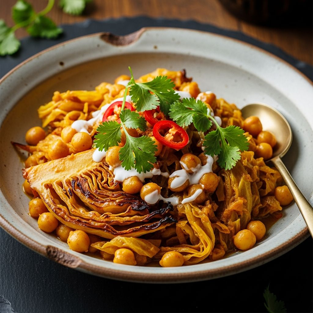 A vibrant, plant-based dish combining tender cabbage with aromatic spices and creamy coconut