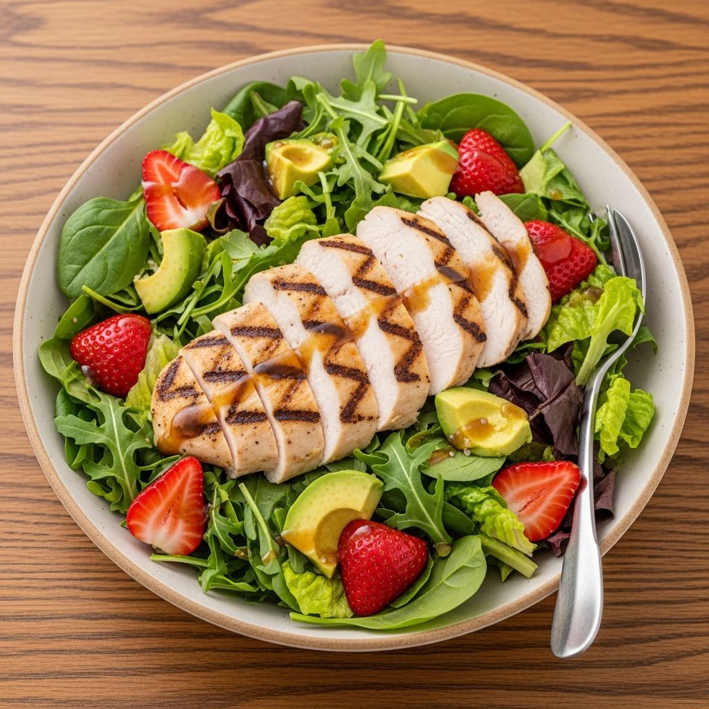 Discover a vibrant summer salad blending juicy strawberries, creamy avocado, and tender grilled chicken for a healthy, flavorful meal.