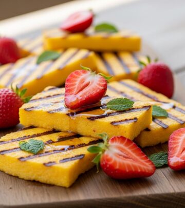 Discover a delightful fusion of smoky grilled polenta and sweet strawberries for an unforgettable dessert experience.