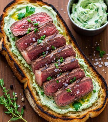 Elevate your toast game with tender grilled steak topped with zesty cowboy-style herbed butter for a bold, flavorful bite.