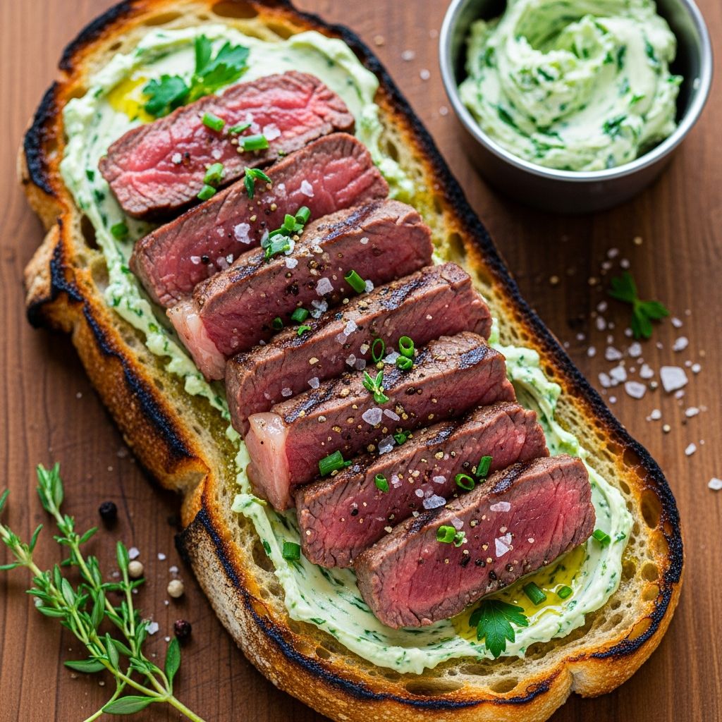 Elevate your toast game with tender grilled steak topped with zesty cowboy-style herbed butter for a bold, flavorful bite.
