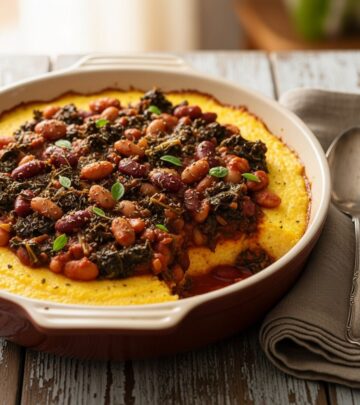 Discover a comforting, oven-baked vegetarian dish blending creamy polenta with nutritious beans and wilted greens for easy weeknight dinners.