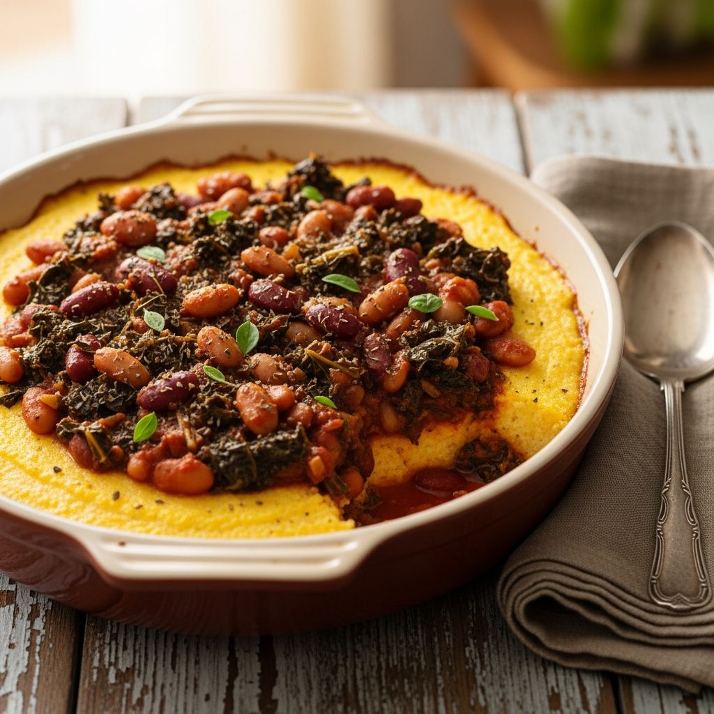 Discover a comforting, oven-baked vegetarian dish blending creamy polenta with nutritious beans and wilted greens for easy weeknight dinners.