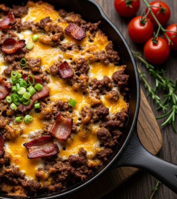 Savor cheeseburger flavors in a keto-friendly casserole packed with beef, bacon, and cheese for guilt-free comfort food.