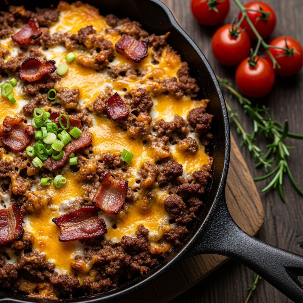 Savor cheeseburger flavors in a keto-friendly casserole packed with beef, bacon, and cheese for guilt-free comfort food.