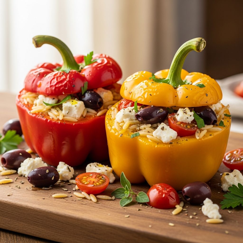 Discover vibrant, flavor-packed stuffed peppers blending orzo, feta, and fresh herbs for an effortless Mediterranean feast.