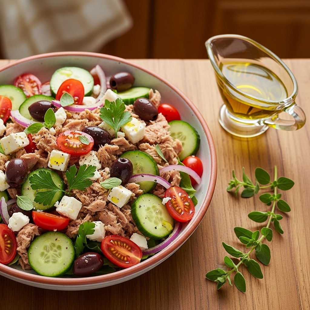 Mediterranean Tuna Salad: 15-Minute Protein-Packed Recipe Discover a fresh twist on tuna salad with vibrant Greek flavors, packed with veggies, feta, and zesty lemon dressing for quick, healthy meals.