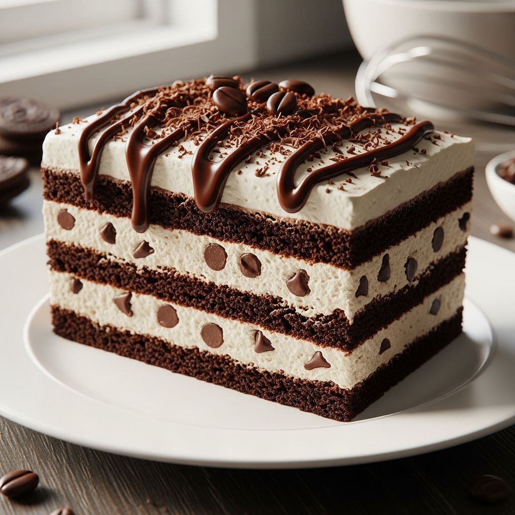 Mocha Chocolate Chip Icebox Cake: Easy No-Bake Recipe A no-bake dessert combining rich mocha flavors with crispy chocolate chip cookies
