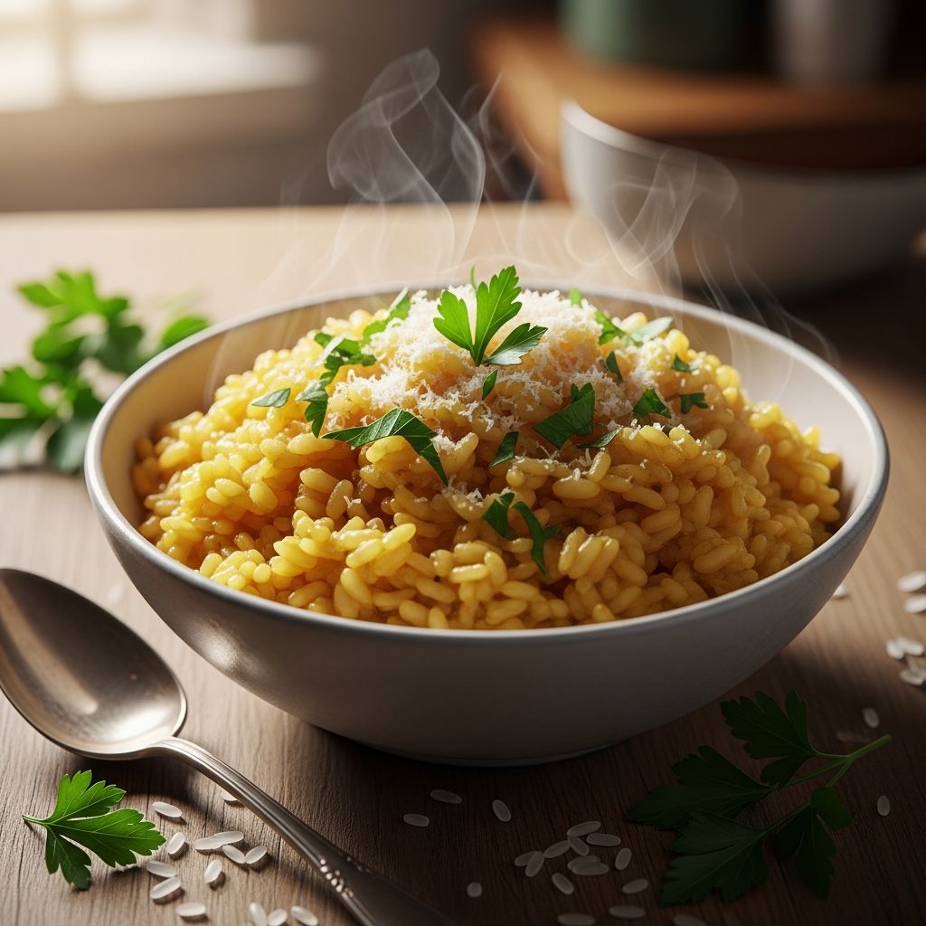 Morning Risotto Magic Transform your mornings with creamy risotto infused with bacon, eggs, and fresh veggies for a hearty, savory start to the day.