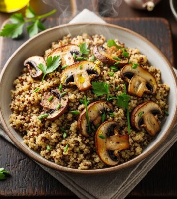 Discover a nutritious quinoa pilaf bursting with earthy mushrooms, aromatic herbs, and wholesome ingredients for a perfect meal.