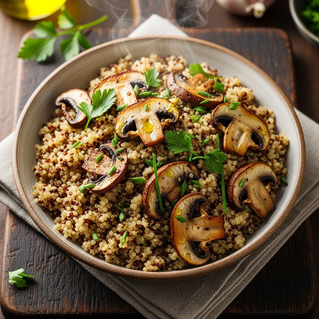 Mushroom Quinoa Pilaf: 4-Serving Easy, Healthy Recipe Discover a nutritious quinoa pilaf bursting with earthy mushrooms, aromatic herbs, and wholesome ingredients for a perfect meal.
