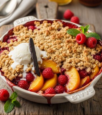 Discover the ultimate summer dessert with juicy peaches and tart raspberries under a golden oat crumble topping for irresistible flavor.
