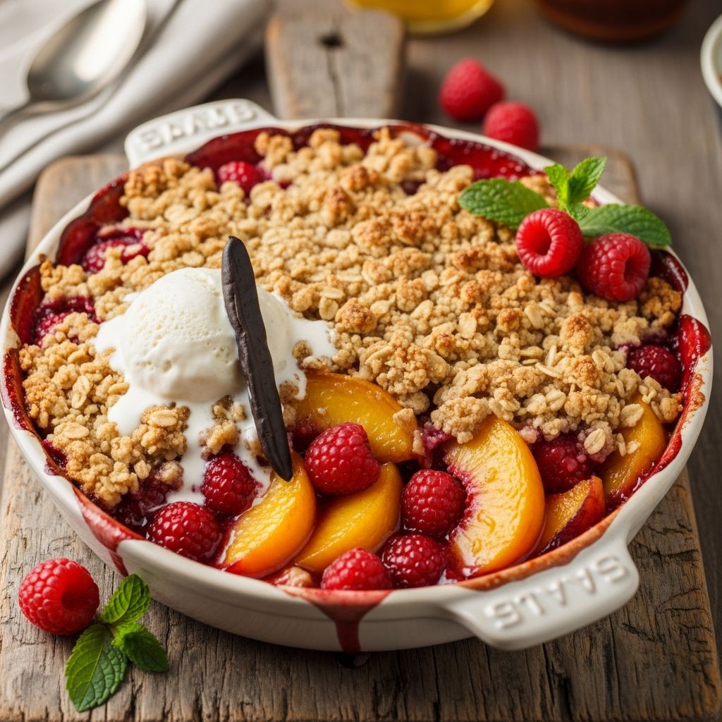 Peach Raspberry Crisp: 4-Step Easy Summer Dessert Discover the ultimate summer dessert with juicy peaches and tart raspberries under a golden oat crumble topping for irresistible flavor.
