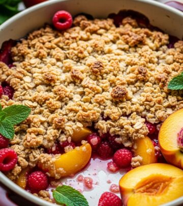 Indulge in the perfect summer dessert with juicy peaches and tart raspberries under a buttery, crunchy topping that melts in your mouth.