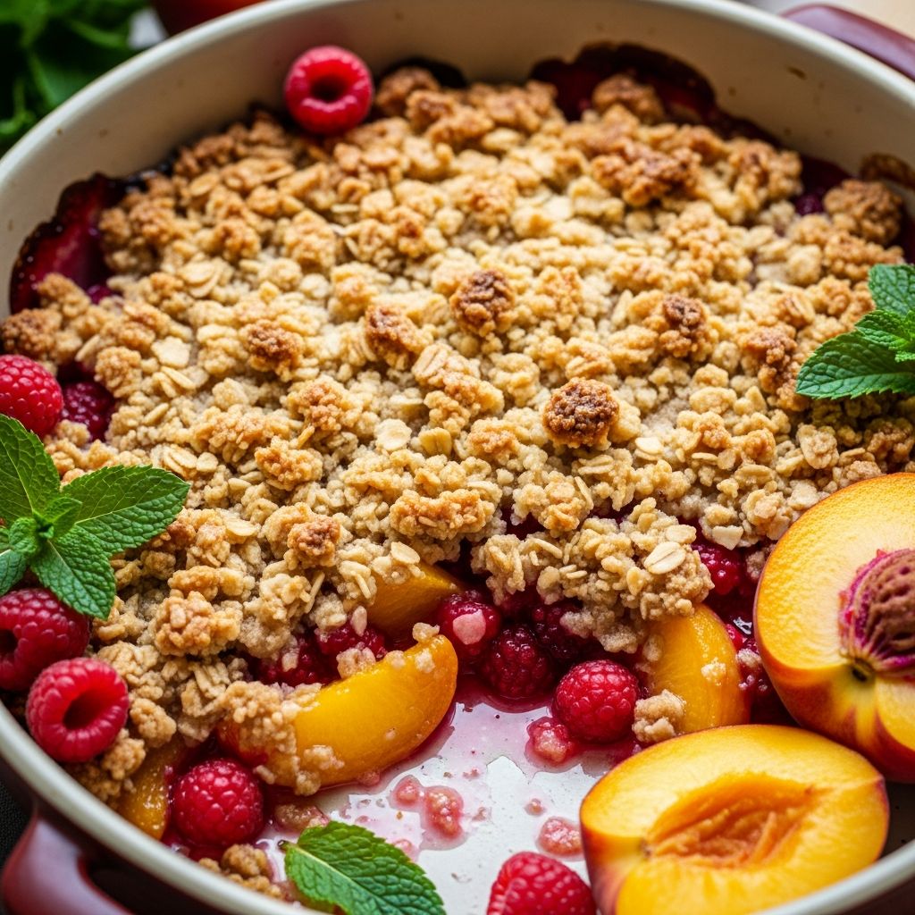 Indulge in the perfect summer dessert with juicy peaches and tart raspberries under a buttery, crunchy topping that melts in your mouth.