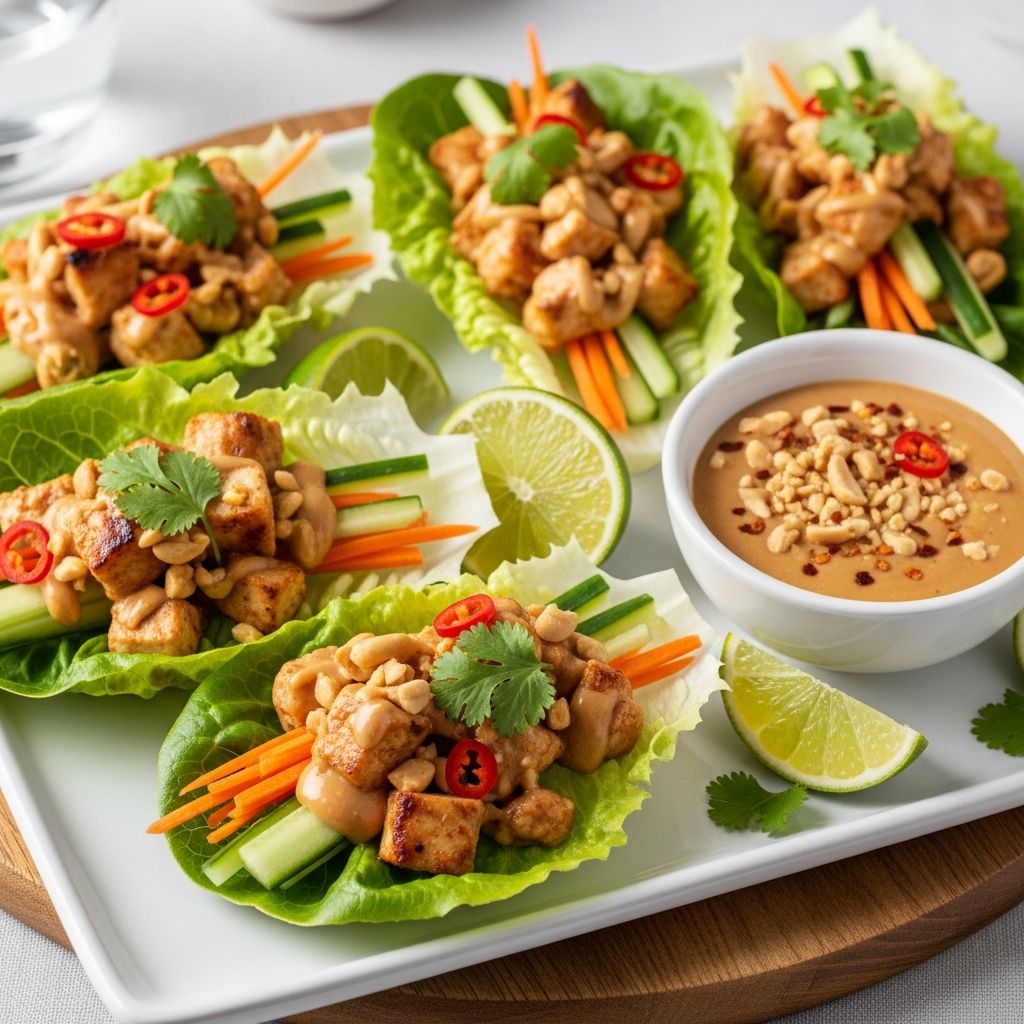 Fresh lettuce cups filled with flavorful chicken and drizzled with creamy peanut satay sauce for a quick, healthy meal.