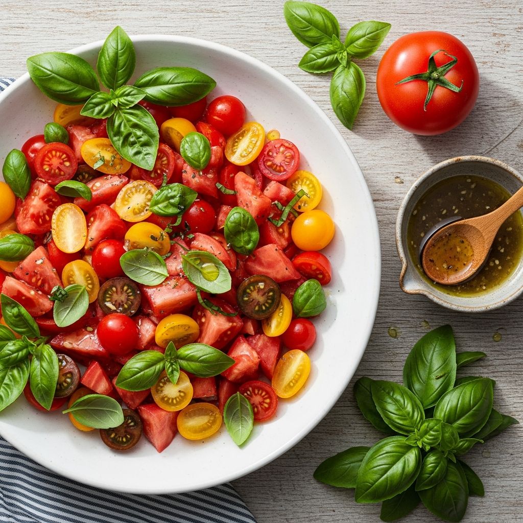 Whip up a vibrant, garden-fresh tomato basil salad in just 10 minutes with ripe tomatoes, fragrant herbs, and a simple dressing for the perfect summer side.