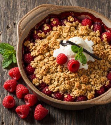 Discover the ultimate summer treat: juicy raspberries under a golden, buttery crumble that's simple to make and irresistible with ice cream.