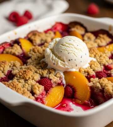 Indulge in the perfect summer dessert with juicy peaches and tart raspberries under a buttery cinnamon crumble topping.