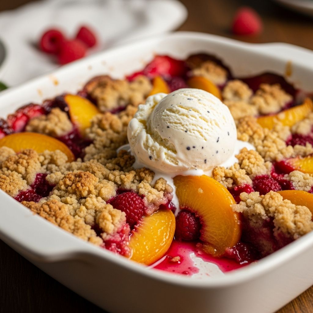 Indulge in the perfect summer dessert with juicy peaches and tart raspberries under a buttery cinnamon crumble topping.