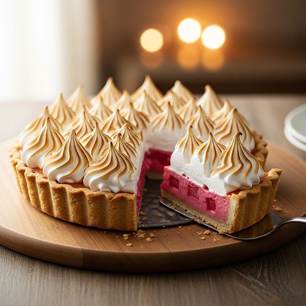Master the art of creating a delicious rhubarb custard pie topped with fluffy meringue