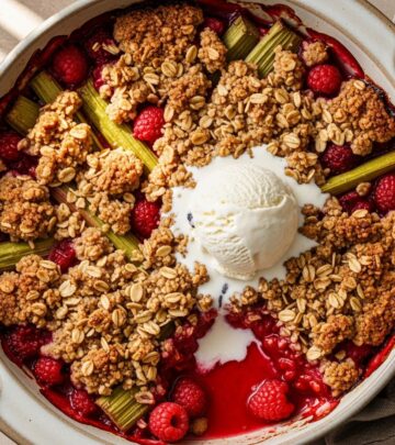 Discover the perfect balance of tart rhubarb and sweet raspberries in this irresistible crisp, topped with a buttery crumble that's ready in under an hour.