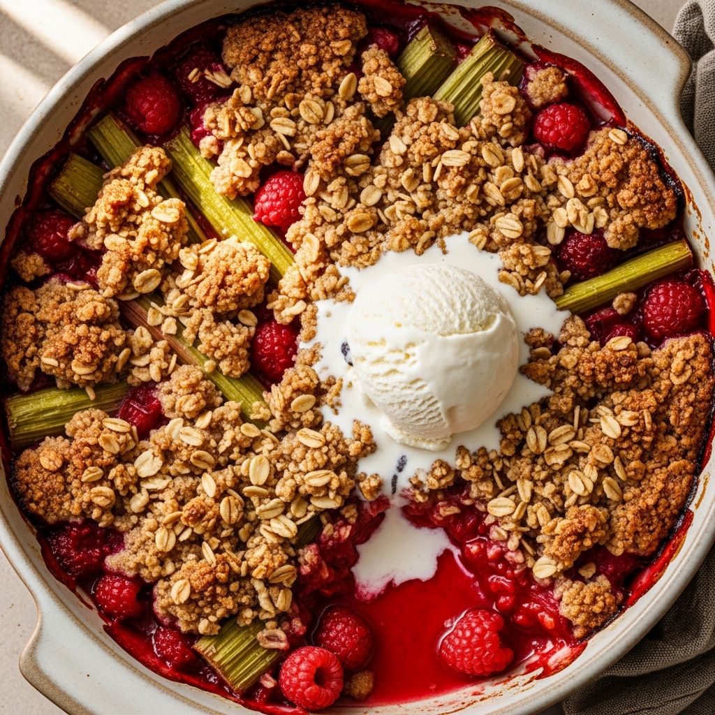 Discover the perfect balance of tart rhubarb and sweet raspberries in this irresistible crisp, topped with a buttery crumble that's ready in under an hour.
