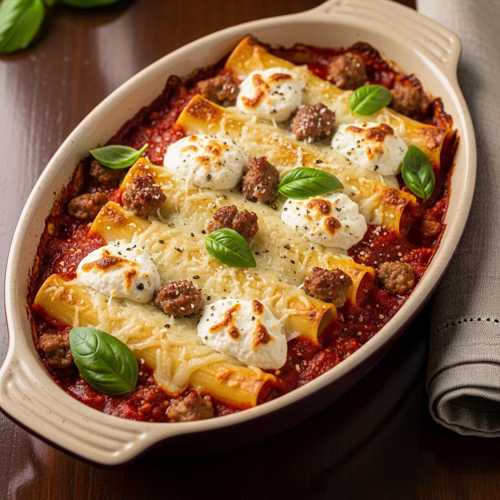 Discover the ultimate comfort food: a cheesy, sausage-filled cannelloni bake that's simpler than lasagna but just as indulgent for family dinners.