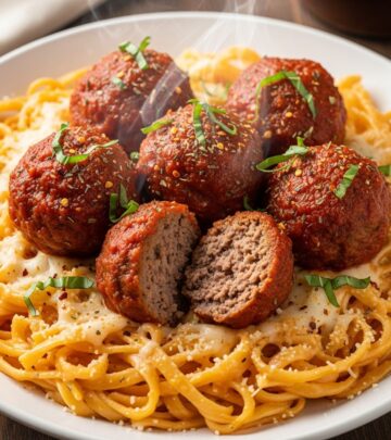 Discover the ultimate comfort food: tender Italian meatballs simmered in rich sauce, served over creamy Parmesan noodles for an authentic family feast.