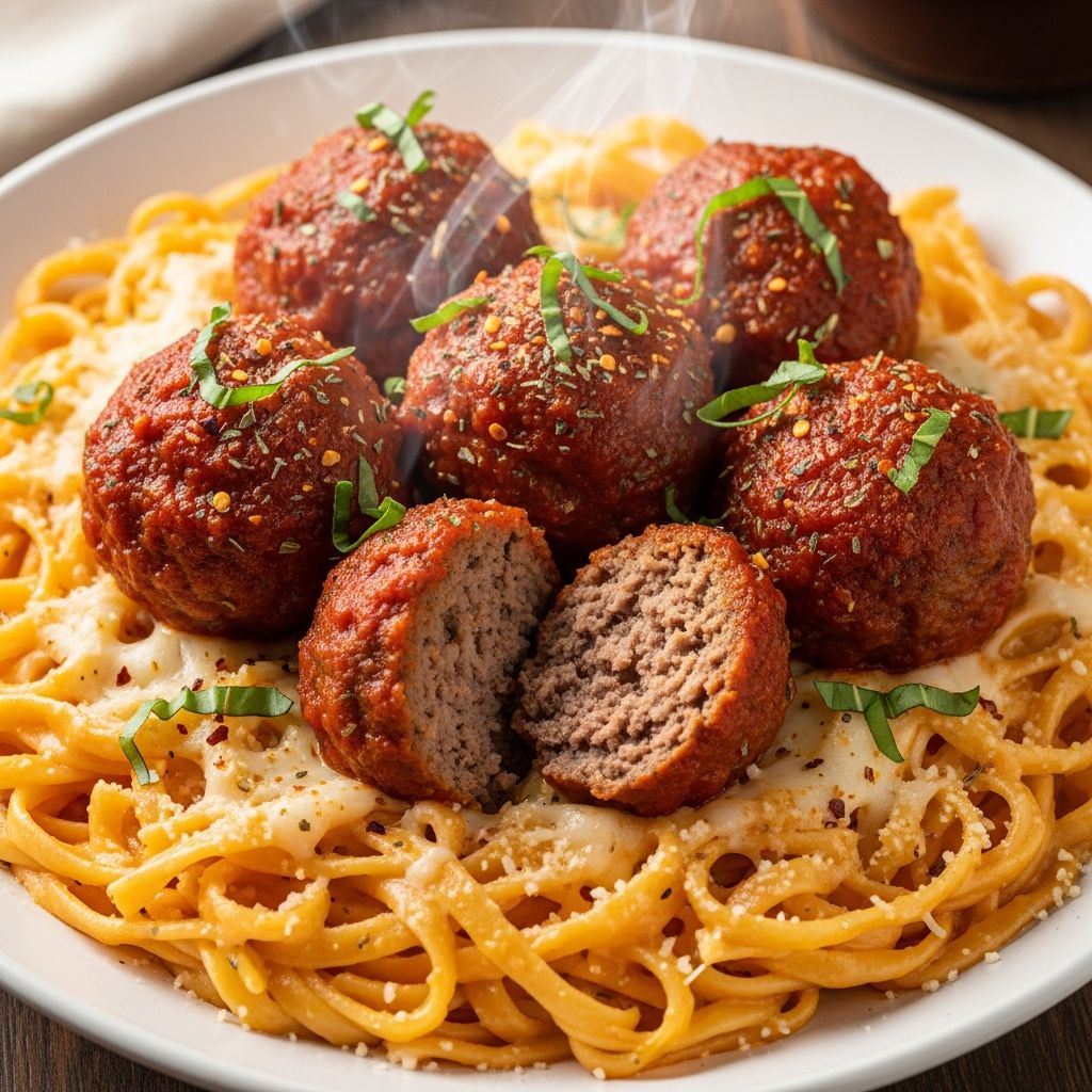 Discover the ultimate comfort food: tender Italian meatballs simmered in rich sauce, served over creamy Parmesan noodles for an authentic family feast.
