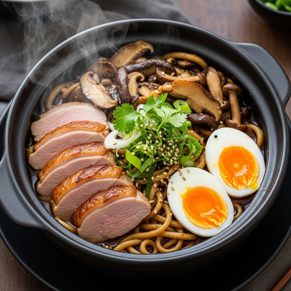 Master the art of crafting umami-rich noodle dishes with tender chicken and earthy mushrooms