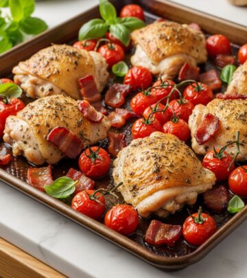 Effortless one-pan dinner featuring tender chicken thighs, sweet burst tomatoes, and crispy pancetta in a flavorful sauce.
